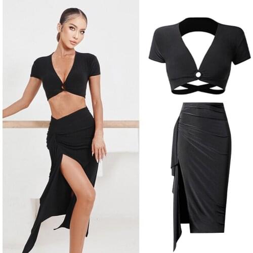 Latin Dance Costumes For Women Deep V-Neck Short-Sleeved Cross-Belt Latin Tops Diagonal Slit Long Skirt Competition Wear SL5300
