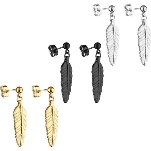Fashion Punk Stainless steel Feather Pendant Earrings For Women Girls Geometric Charms Stud Ear Jewelry Party Gifts