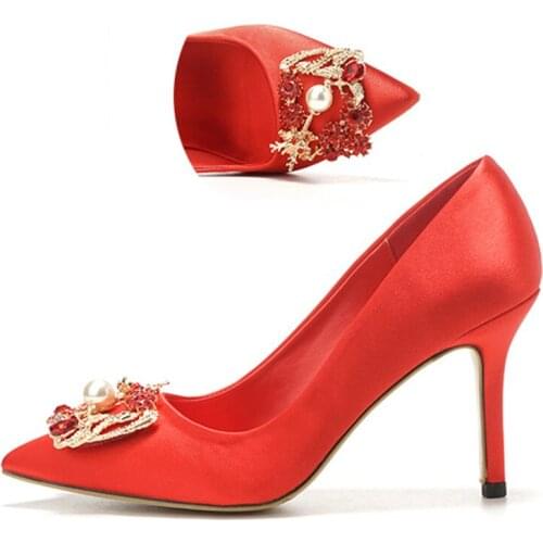 New High Heels Pump Pointed Toe Ladies Shoes Brand Design Luxury Crystal Red Wedding Shoes Women Shoes