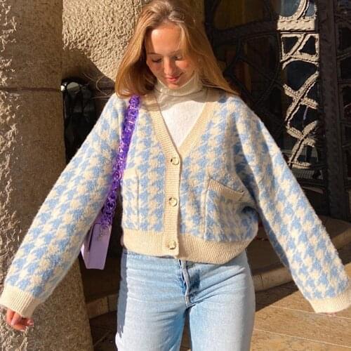 Vintage 90s Houndstooth Print Autumn Winter Knitted Long Sleeve Women Y2K Cardigan Sweaters Female Streetwear Knitwear Crop Tops