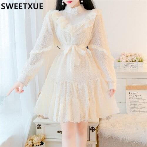 SWEETXUE Autumn 2021 Temperament Sweet Kawaii Dress Womens Tassel Ruffled Bow Stand Collar Long Sleeve Party Dress Vestidos