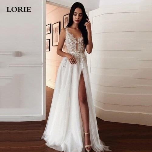 LORIE Boho Lace Wedding Dress Sexy V Neck Appliques Bride Dresses Side Split Vestido De Novia Custom Made