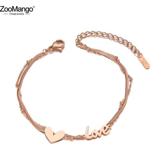 ZooMango Rose Gold Double Layer Love Heart Charm Bracelets For Women Stainless Steel Chain Bracelet For Birthday Gift ZB20007