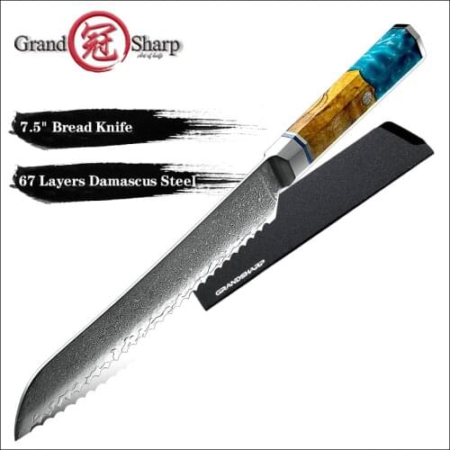 Grandsharp Serrated Knife 7.5 Inch Japanese Bread Knife 67 Layers Damascus Steel Cheese Cake Toast Cutter Knives Cooking Tool