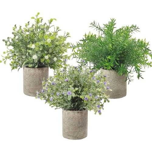 3 Pack Small Potted Artificial Plastic Plants, Mini Fake Rosemary Plant Faux Flower Houseplants for Home Decor Indoor