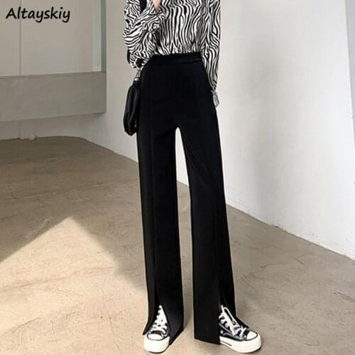 Pants Women Elastic Waist Summer 2021 New Loose Wide Leg Button Chic Korean Style Office Ladies Pantalones De Mujer Soft Trendy