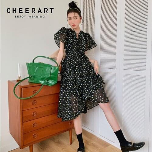 CHEERART Organza Floral Puff Sleeve Tulle Dress Summer 2021 Black Long Midi Tunic Short Sleeve Sheer Asymmetrical Dress