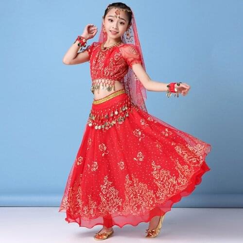 Children Belly Dance Costume Professional Kids Bollywood Costume Indian Style Dancing Clothes 4 Color S-XL Size Short Sleeve