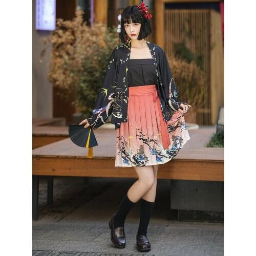 Chinese Dress Black Hanfu Tie Dye Printing Chinese Elements Women Cardigan SDaily Pleated Skirt In Spring Summer China Clothing