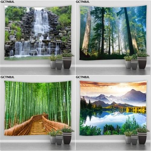 Forest Waterfall Landscape Wall Hanging Tapestry Green Bamboo Natural Scenery Hippie Bohemian Backdrop Tapestries Art Home Decor