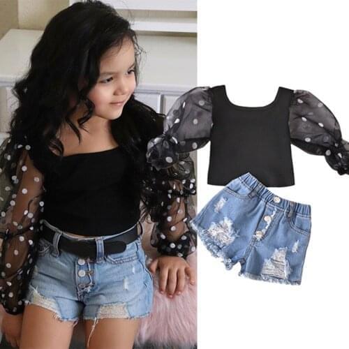 2020 Hot Sale Childrens Sets Toddler Baby Kids Girls Puff Sleeve Polka Dot Tops Ripped Jean Shorts Outfits 2pcs#1