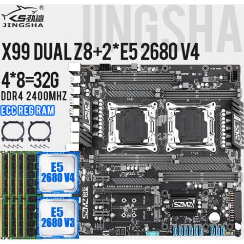 SZMZ x99 Motherboard Combo with Dual Cpu lga 2011 E5-2680 v3 v4 DDR4 2400MHz 4*8=32GB and PICe 3.0 NVMe M.2 SSD Mainboard Set
