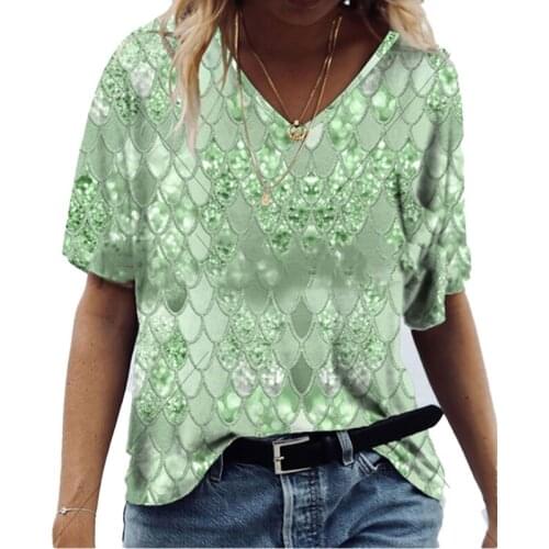 Fashion Woman Clothes Women Top Summer Short-Sleeved V-Neck Printed T-Shirt Casual Elegant Shirt Loose Large Size Clothing Tops