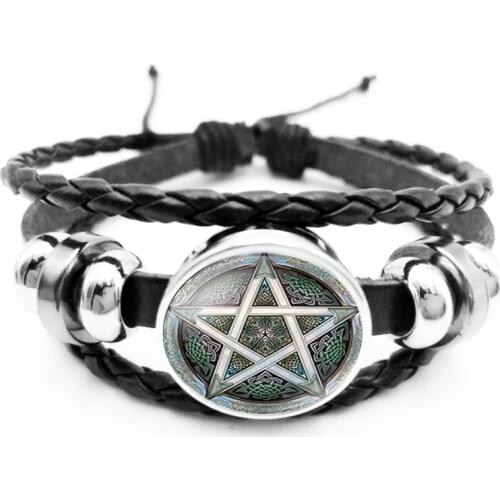 Fashion Black Occult The Inverted Star Sign Pentagram Satanic Pentagram Star Symbols Glass Leather Bracelets Men Women Jewelry