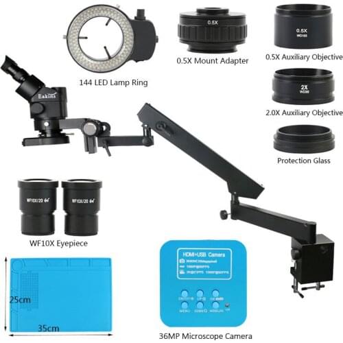 3.5X-90X Zoom Simul Focal Trinocular Stereo Microscope+Industrial 36MP HDMI USB Video Camera+Articulating Arm Pillar Clamp