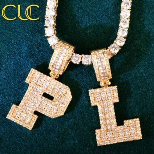 Solid Back Baguette Letter Pendant For Women Men Micro Pave Zircon Initial A-Z Name Necklace With Tennis Chain Hip Hop Jewelry