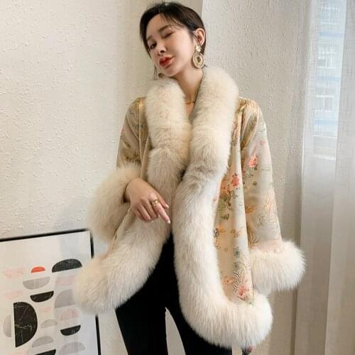 OFTBUY 2021 Natural Real Fox Fur Coat Winter Jacket Women Female Chinese Style Cloak Dragon Phoenix Auspicious Bead Embroidery