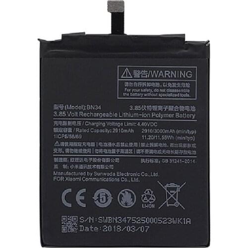 Original antirr Phone Battery BN34 for Xiaomi Redmi 5A 5.0" Replacement Battery 2910mAh High Capacity Phone Batteries