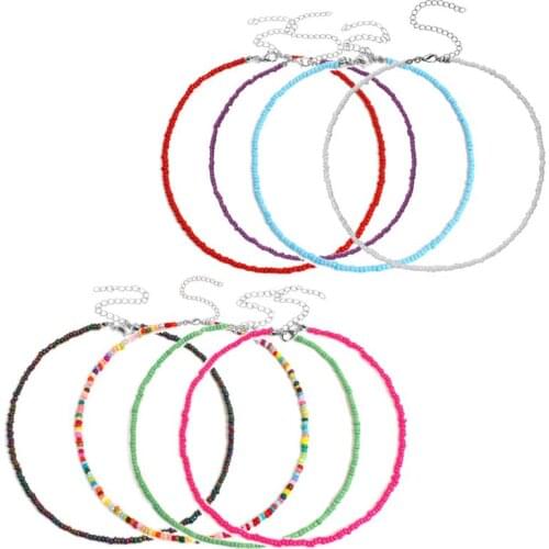 8Pcs Bohemia Seed Bead Summer Short Chokers Colorful Beaded Chain Necklace F3MF