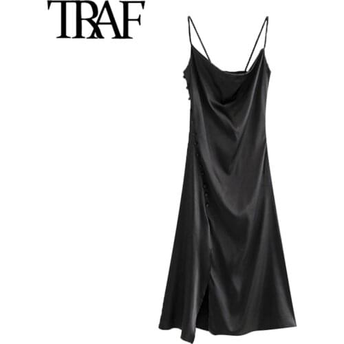 TRAF Women Chic Fashion Side Buttons Slit Cozy Midi Dress Vintage Backless Thin Straps Female Dresses Vestidos Mujer