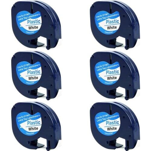 Sales 6pk Dymo Letratag Plastic Tape 12mm Compatible for Dymo 91201 Label Tape 12mm*4m Black on White Printer Ribbons 91201