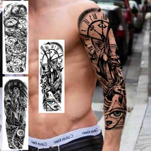 Realistic Compass Wolf Full Arm Fake Tattoo Sticker For Men Women Eye Skull Head Tattoos Temporary Sleeves Long Covers Up Tatoos