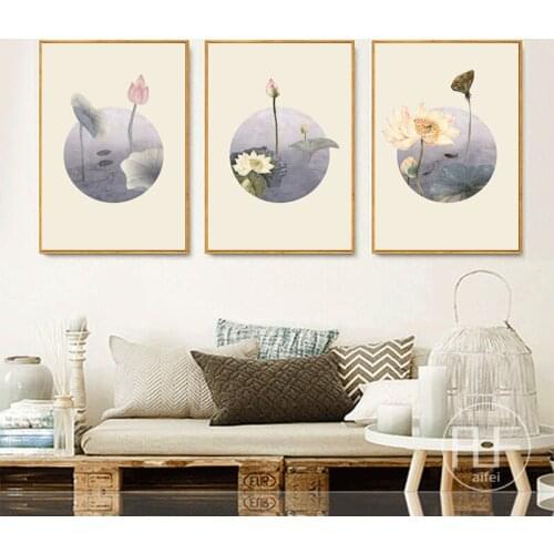 Chinese Style Retro Poster Lotus Canvas Painting Modern Home Decoration Art Modular Wall Pictures For Living Room No Frame