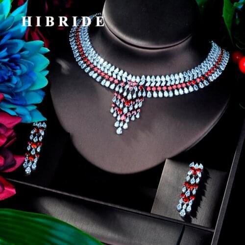 HIBRIDE Luxury White gold Color Red Cubic Zircon Pendant Women Jewelry Set For Bridal Party Accessories Jewelry Gifts N-930