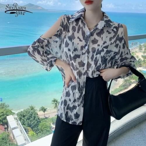 Korean Fashion Clothing Shirts Women Leopard Long Sleeve Off Shoulder Tops Blusas Mujer De Moda 2020 Streetwear Clothes 10270