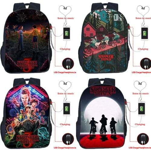Stranger Things 3 Multifunction USB Charge School Bag Headset Jack Backpack for Teens Students Boys Girls Travel Bags Mochila