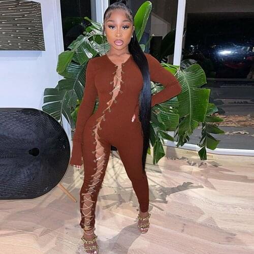 Sexy Knitted Bodycon Romper Bandage Long Sleeve Jumpsuit Women Clothing Streetwear Lace Up Hollow Out One Piece Club Outfits
