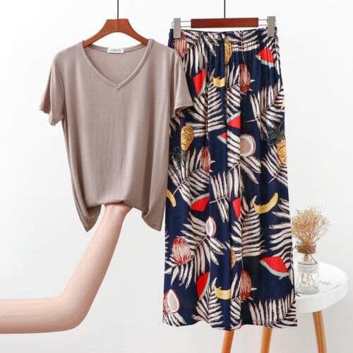 Loose Printing Sleepwear For Women Casual V Neck Short Sleeve Pajamas Female Spring Summer Cotton Trousers Set Pyjama Femme