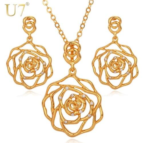 U7 Big Flower Necklace Set Trendy Gold/Silver Color Party Jewelry Wholesale Rose Jewelry Sets For Women S482