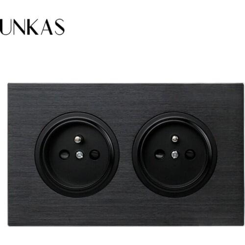 UNKAS Luxurious Black Aluminum Panel 16A Double French Standard Wall Power Socket Grounded With Child Protective Lock