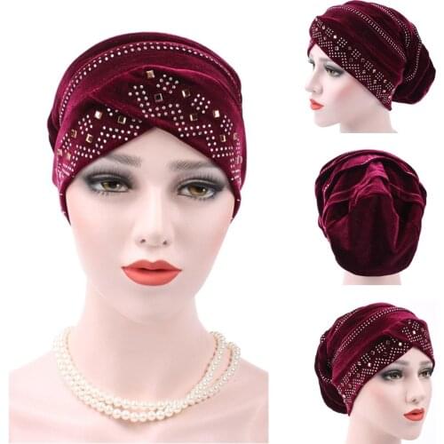 Vintage Velvet Hijabs with Rhinestone Toecap Hat Muslim Turban Folding Pillow Hat Hair Wrap Hair Accessories for Women Headscarf