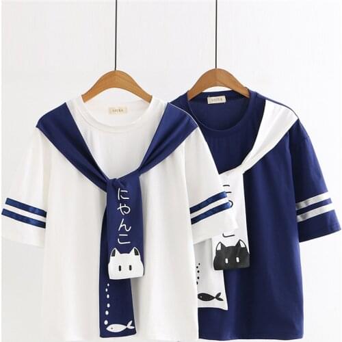 WXCTEAM Women Shirt Harajuku Sailor Collar Shirt Kawaii Japan Game Neko Atsume Cat Female Ponchos Cap Girls With Tie