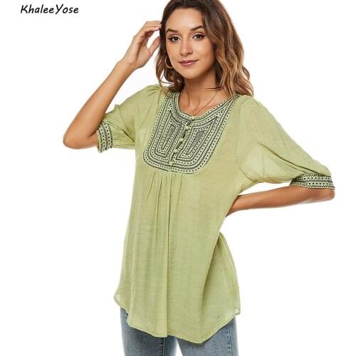 KHALEE YOSE Green Floral Embroidery Blouse Shirt Cotton Summer Mexican Women Shirt Button Front Oversized Ethnic Ladies Shirt