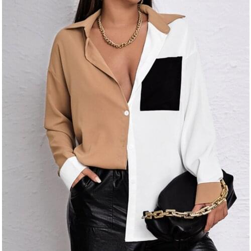 Patchwork Elegant Leisure Shirt Long Sleeve Fashion Casual Shirts Summer 2021 Pocket Button Streetwear Loose Chiffon Women Shirt