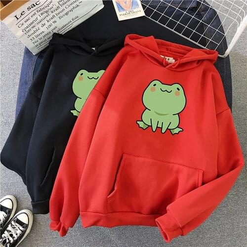 Frog Oversized Sweatshirt Winter Hoodies Men Women Warm Pullover Harajuku Pink Drawstring Ladies Korean Style