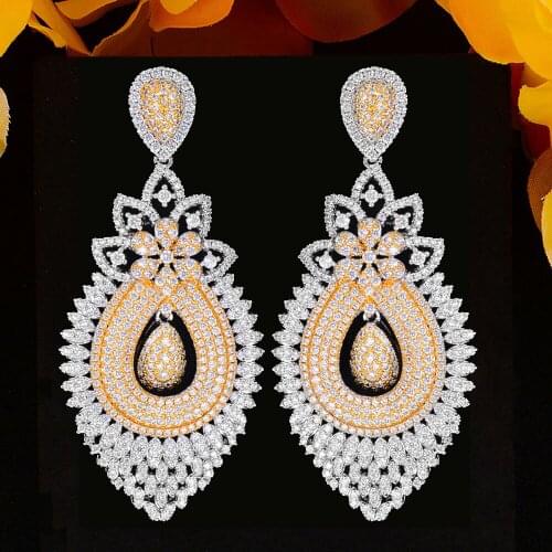 Blachette Luxury Flower Long Oval Dangle Pendant Earring For Women Wedding Cubic Zirconia Jewelry Accessories High Quality