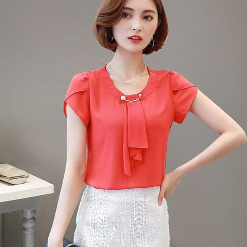 Summer New Tops 2019 Ladies Sweet Korea Style Solid Elegant Blouse Shirt Casual Women O-neck Short Sleeve Chiffon Shirts Blusas