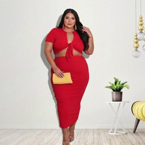 Plus Size Women Clothing Two Piece Set Summer Round Collar Cardigan Bandage Fashion Casual Skirts Suit Wholesale Dropshipping