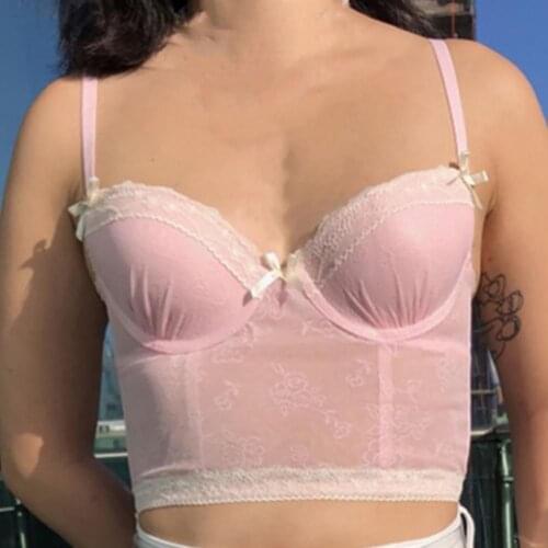 Sweet Gothic E-Girl Pink Camis Lace Pastel Goth Women Sexy Transprent Bodycon Crop Tops Floral Print Mesh Bustier Tops