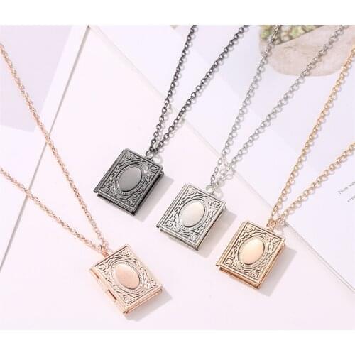 Lady Female Girl Women Girlfriend Couples Metal Gold Rose Gold Black Silver Color Magic Book Photo Frame Pendant Charm Necklace