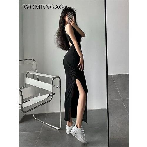 WOMENGAGA Sexy Tight Slim Backless Hollow Out Sleeve Less Split Long Skinny Hip Maxi Dress Hot Sexy Boho Dresses Tank Vest ATC5