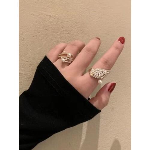 Pearl wings open ring female ins tide cold wind minority design personality index finger ring