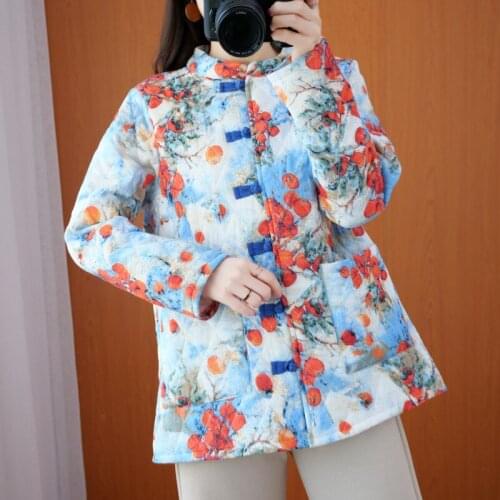 2021 Autumn Winter New Ethnic Style Retro Cotton and Linen Quilted Short Buckle Cotton Coat Winter Jacket Women