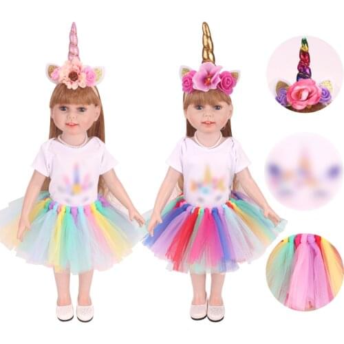18 inch Girls doll Unicorn suit handmade rainbow lace skirt with shoes American newborn dress Baby toys fit 43 cm baby doll c746
