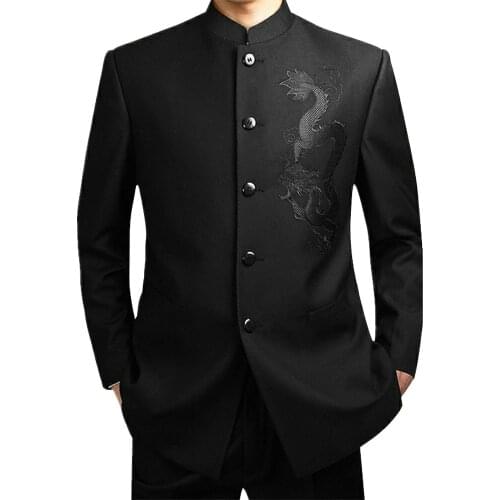 2020 Black Chinese Robe Suit Mens Traditional Stand Collar Suit Apec Leader Clothing Male Embroidery Dragon Totem Suit Tang Suit