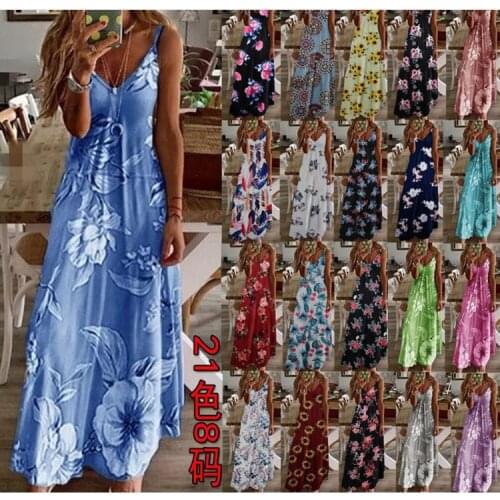 2021 Summer New Style Hot Sale Fashion Trend Slim Dress Vacation Commuter Style V-neck Spaghetti Strap Print Womens Long Dress